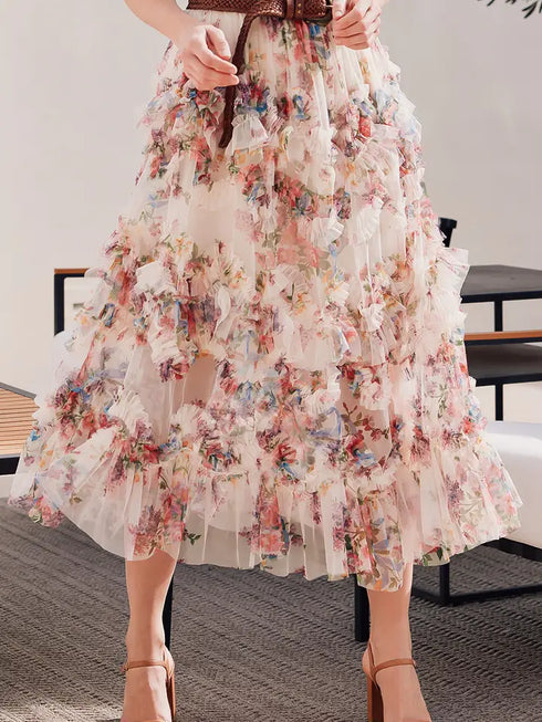 FLORAL RUFFLED MESH SKIRT
